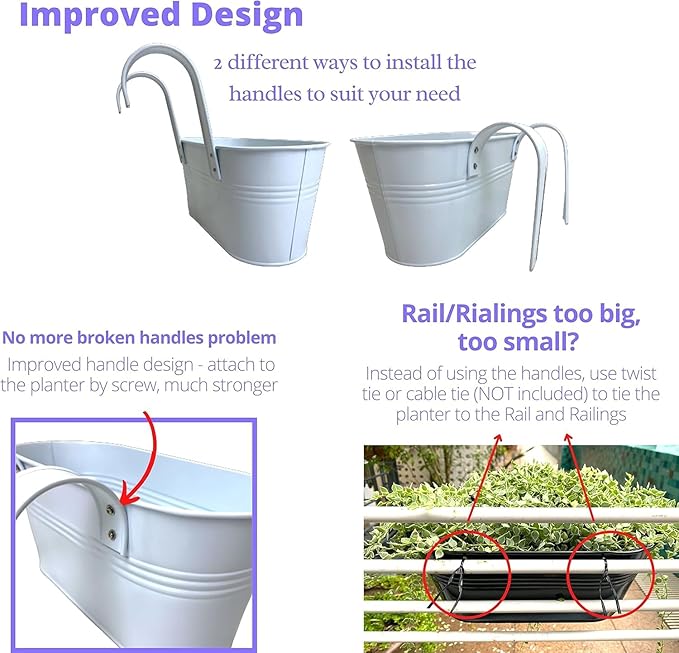 Maxona Metal Iron Hanging Flower Pots, 4 Pack, 11.8 Inch Oval White Railing Fence Hanging Bucket Pots Countryside Style Window Flower Plant Holder with Detachable Hooks Home Décor