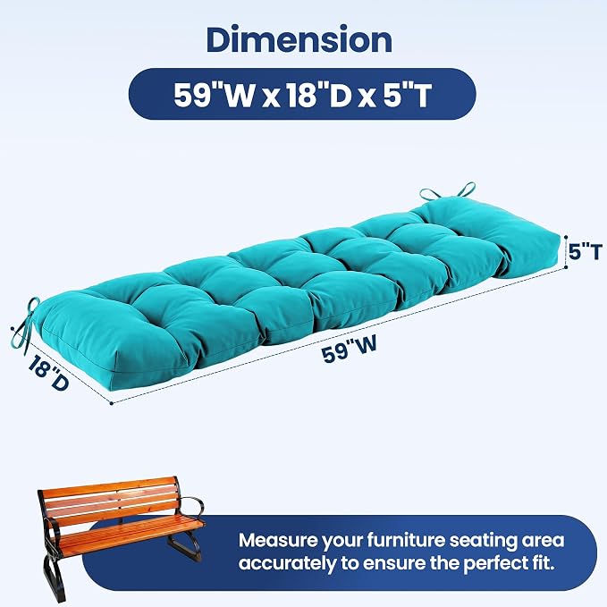 IASEAHK Outdoor Bench Cushion 59x18x5 Inch, Waterproof & Fade-Resistant Patio Furniture Cushions, Tufted Memory Foam Indoor/Outdoor Cushions for Couch Porch Swing with Non-Slip Backing & Straps, Teal