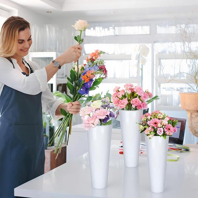 3FT Flower Display Stand with 9 Buckets,Metal Flower Bar Stand with Wheels,3 Layers Moving Florist Bouquet Shelf for Indoor Outdoor Garden,Flower Shop,Wedding,Party Decor (WHITE)
