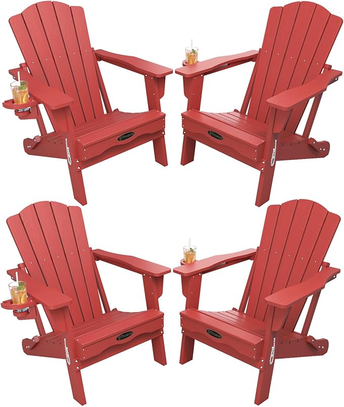 THOEOE Folding Adirondack Chair Set of 4, HDPE All-Weather Outdoor Chair with Cup Holder, Wooden Textured, Fire Pit Chair, Plastic Patio Chair for Deck, Backyard, Garden, Lawn, Red