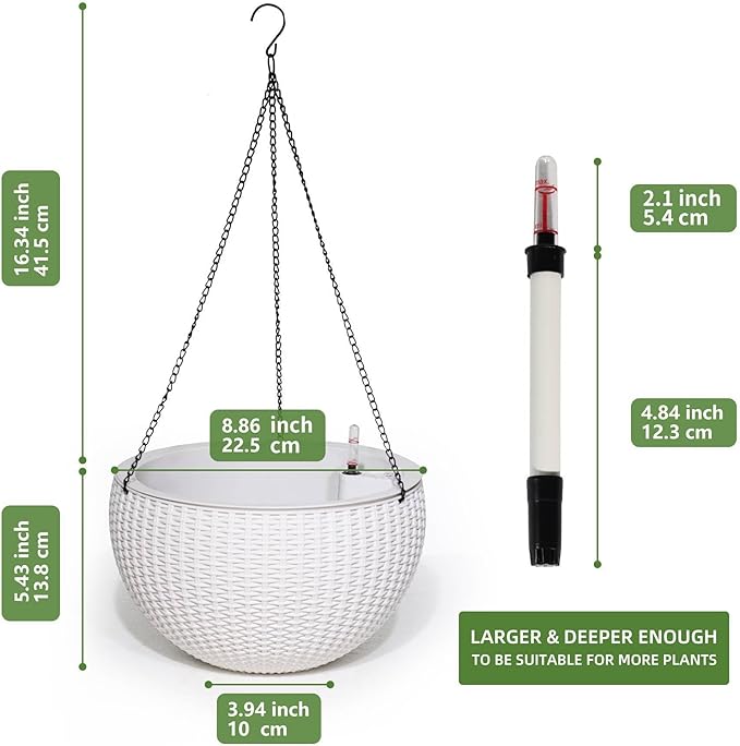 Dexceder 9 Inch Self Watering Hanging Planter (White) | Thickened Hanging Basket Flower Plant Pot with Water Level Indicator Indoor Outdoor