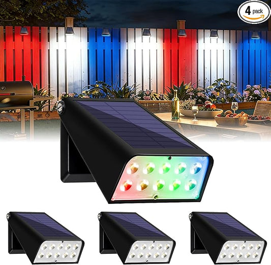 Waterproof Solar Fence Lights, Up to 30+ Hours Runtime Dusk to Dawn, RGB Color Changing Red White Blue Fixed Color for 4th of July Father's Day Decor Gift, Solar Deck Lights for Yard Garden