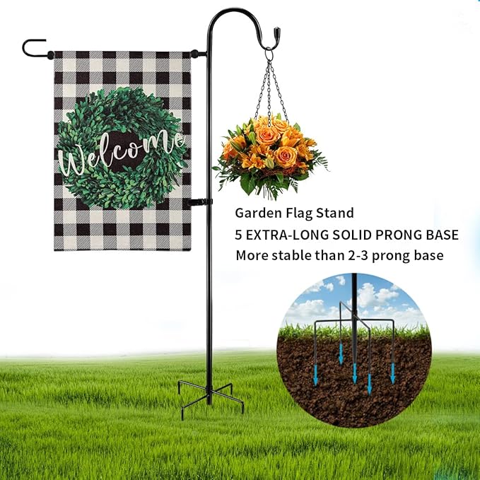 Garden Flag Holder Stand and Shepherds Hooks, 48 Inch Height with 1/2 Thick Metal Pole-Outdoor Lawn Yard Stake for Small 12x18, Solar Lights-Mini (1), Black (GFSH-X1)
