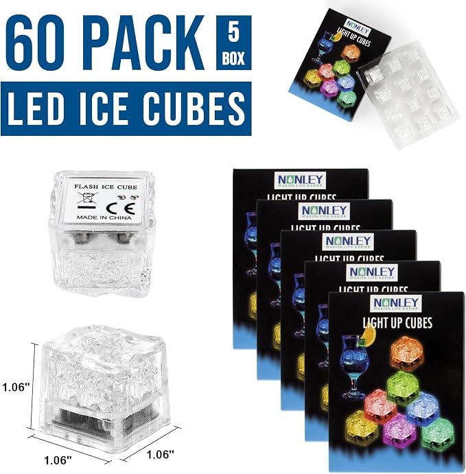 Light Up Ice Cubes, 60 PCS Multi Color Led Ice Cubes for Drinks with Changing Lights, Reusable Glowing Flashing Ice Cube for Club Bar Party Wedding Decor
