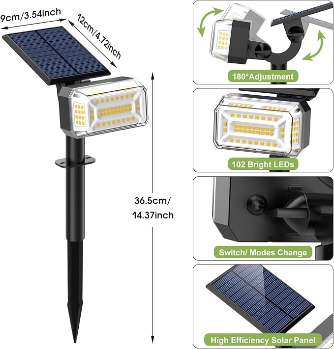 WENATY 102 LEDs Solar Lights Outdoor Waterproof, Spot Lights Outdoor with 4 Light Modes, Landscape Spotlight for Tree, Pathway, Yard, Garden, Adjustable Solar Panel Auto On/Off, 1 Pack, Warm
