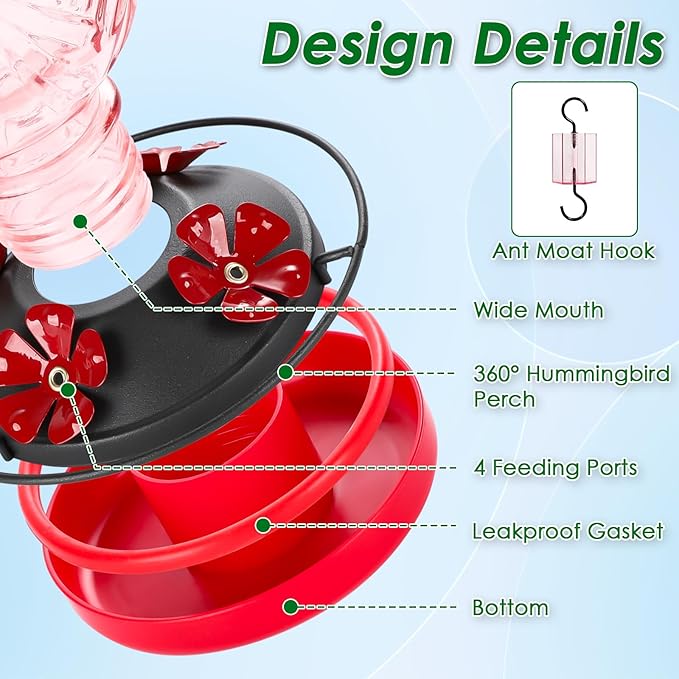 Glass Hummingbird Feeder for Outdoors Hanging, 20oz Bird Nectar Feeder with 4 Bee Guard Flower-Shaped Ports & Built-in Ant Moat, Easy to Clean, for Bird Lover,1 Pack, Pink