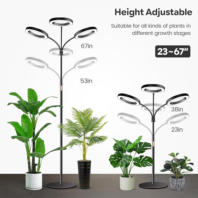 Garpsen Halo Floor Grow Light, Three-Head Full Spectrum LED Plant Light with Base, 5 Dimmable Levels & Timer 6/12/16H, 3 Color Modes Grow Lamp with 252 LEDs, 67''Height Adjustable for Large Plants