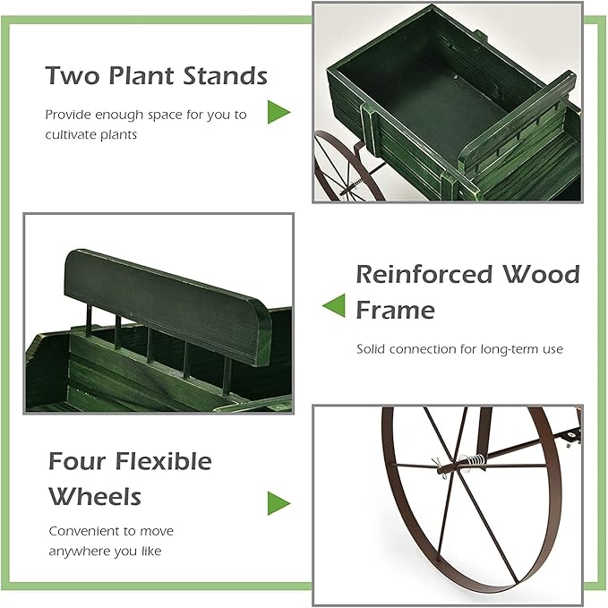 DORTALA Wood Wagon Planter, Outdoor Garden Flower Planter Cart with Wheels, Small Decorative Wood Raised Bed Plant Pot Box Stand for Backyard, Patio, Balcony, Green