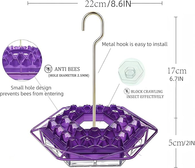 Hummingbird Feeder with Ant-Proof Moat Hummingbird Feeder, Easy to Clean and Refill Includes Hanging Hook, Features 30 Feeding Ports (Purple 2PCS)