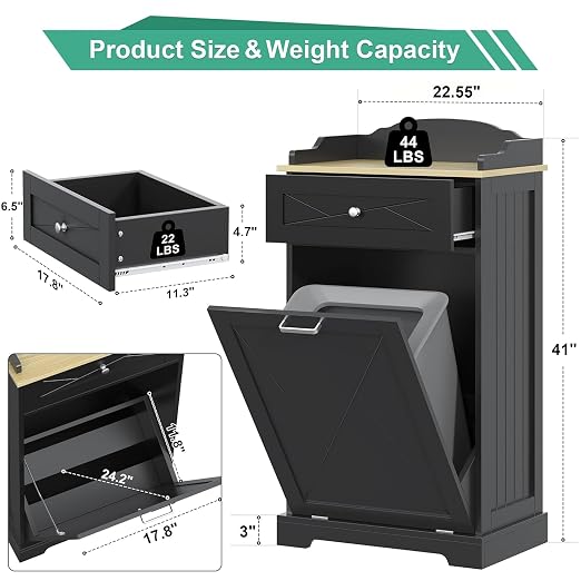 kepptory Tilt Out Trash Can Cabinet, 12 Gallon Farmhouse Laundry Hamper Cabinet with Drawer, Hidden Wooden Trash Garbage Can Bin with Storage Basket for Kitchen, Living Room (Black)