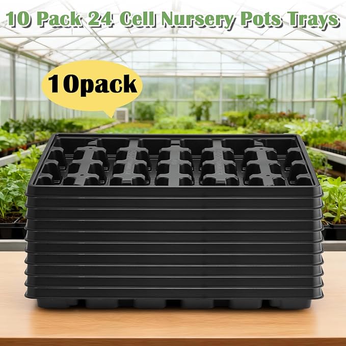 RooTrimmer 24 Cell Nursery Pots Trays 10 Pack (17"x11"x1.6"), Reusable Plastic Plant Pot Tray with Drain Holes, Carrying Seed Starter Tray for Holding 2.8 inch (7CM) Square Nursery Pots (Black)