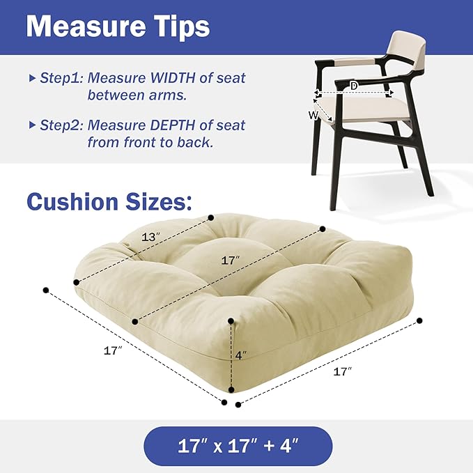 IPYNBAP Outdoor Chair Cushions Set of 2, Patio Chair Cushions with Ties, 17x17+4” Tufted Outdoor Seat Cushions, Waterproof Patio Furniture Cushions, Outdoor Dining Chair Pads, Beige
