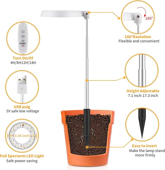 GooingTop LED Grow Light, Halo Plant Lamp for Indoor Plants Growing, White Low Light for Succulents Mini Small Plants Growth,Upgrade Timer 4/8/12/18 Hrs & Variable Spectrum,1 Pack