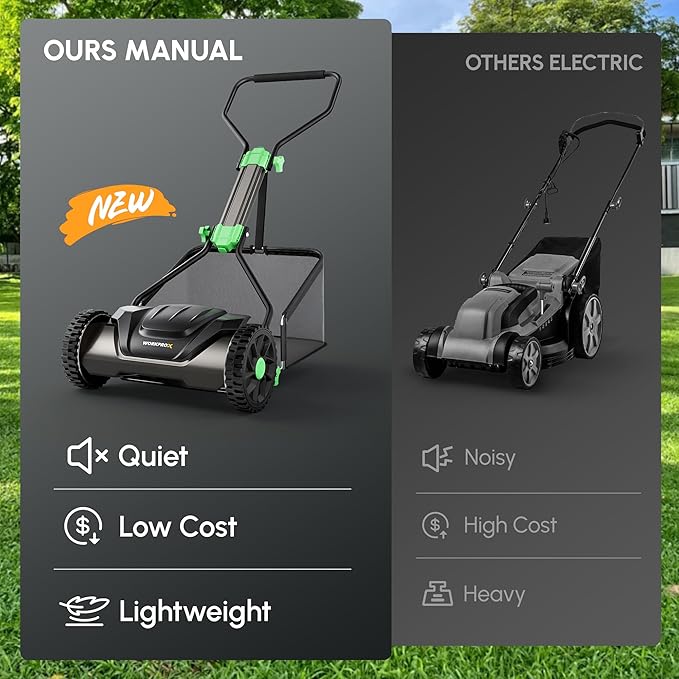 WORKPROX 16-Inch Push Reel Lawn Mower, Adjustable Height 5-Blade Reel Mower with Removable 8-Gallon Grass Catcher for Yards and Gardens, Black