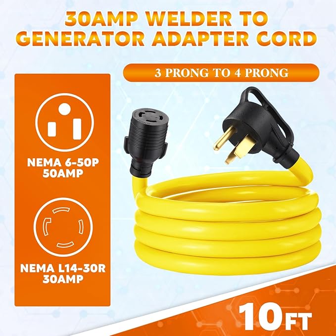 Tellegloww NEMA 6-50P to L14-30R 10 FT 30 Amp Welder Adapter Cord, 3 Prong 50amp Welding Outlet to 4 Prong 30amp Generator Locking Plug, Generator to Welder Adapter STW 10 AWG, ETL Listed