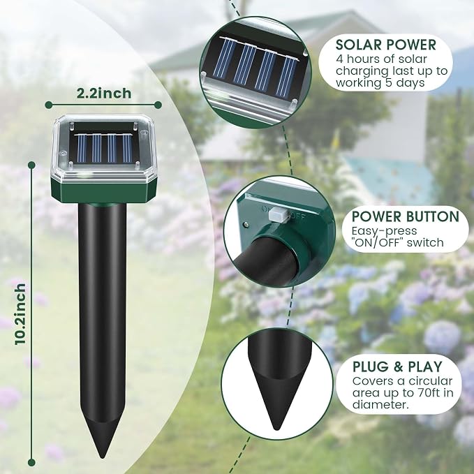 Mole Repellent Solar Powered, 8-Pack Ultrasonic Repeller Outdoor Yard and Garden, Get Rid of Moles Gopher Vole Groundhog Snake Chipmunk, Waterproof Sonic Spikes Mole Deterrent
