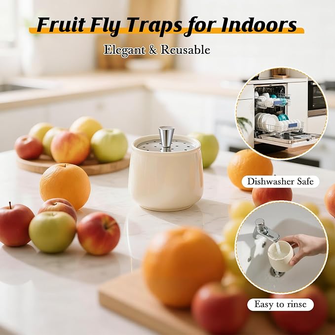 Ceramic Fruit Fly Trap for Indoors, Reusable Kitchen Fly Catcher with Stainless Steel Vent Lid, Uses Safe & Natural Vinegar Bait Trap, Dishwasher Safe, Easy to Use(White,2 Pack)