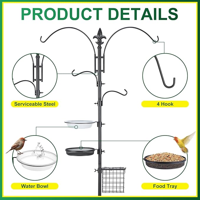 MorningRo Adjustable Shepherd Hook Stand, 34"- 55" Black Iron Shepherd Hook with Base for Plant Hanging, Wind Chime & Bird Feeder - Outdoor Garden Porch Decoration(Classic Style)