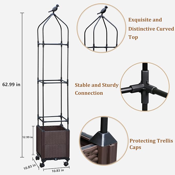 Sunnyglade 2 PCS Raised Garden Bed Planter Box with Trellis, 63" Tall Outdoor Tomato Planters for Climbing Vegetables Flowers Vine Plants, Tomato Cage with Wheels (2)