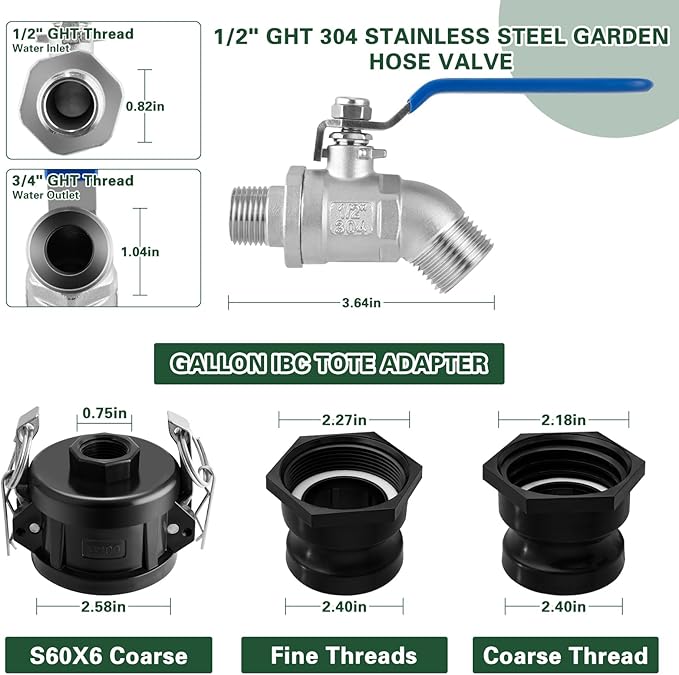 IBC Tote Hose Adapter, 2" Cam Lock for 275-330 Gallon IBC Tote Tank with 2packs Groove Fittings, IBC Tote Garden Hose Adapter with 304 Stainless Steel Hose Faucet (1/2'' Male Inlet ×3/4" Male)
