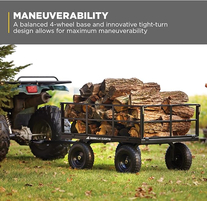 Gorilla Carts Steel Utility Cart, 9 Cu Ft Bed, 1200 lb Load Capacity, Black – Towable Heavy-Duty Outdoor Hauling Wagon with Removable Side Panels for Yard, Lawn, Garden or Landscaping