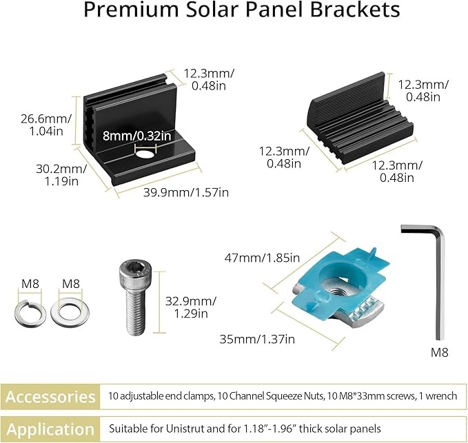 Anbte 10pcs Adjustable Solar Panel End Clamp for Unistrut, 30-50mm Aluminum Solar Panel Mounting Brackets with Nuts Bolts and Wrench, for Metal Roof, Tin Roof, Flat Roof, Sheet Roof, RV, Black
