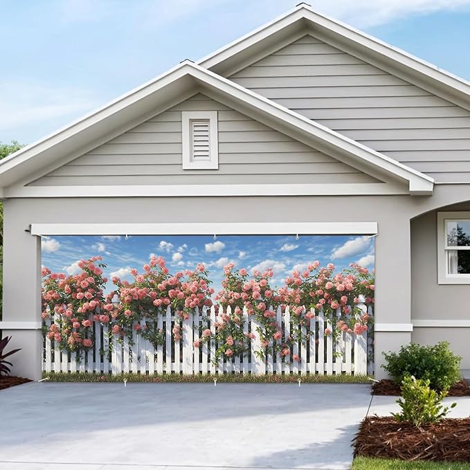 7 * 16FT Summer Garage Door Cover Decorations Sunset Palm Trees Garage Door Banner for Outdoor Indoor Summer Party Photography Backdrop (rose, 7 * 16 ft)