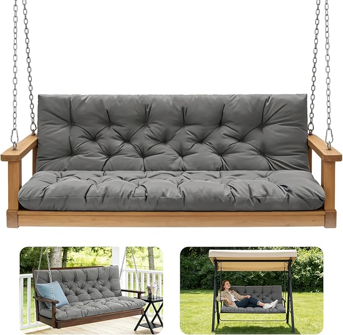 Porch Swing Cushions,Outdoor Cushions 3 Seater Replacement with Backrest, Waterproof Thickened Bench Cushion with Ties for Porch, Patio,Outdoor, Backyard and Garden (Light Gray 47 * 40 in)