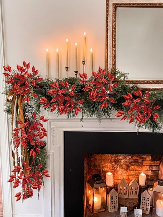 25.6" Christmas Red Glitter Leaves Stems, 5Pcs Artificial Leaf Spray Leaf Picks Tall for Christmas Tree DIY Xmas Wreath Garland Arrangment Vase Bouquets Table Centerpieces Decoration Home Decor