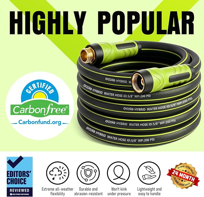 Garden Hose 50ft x 5/8", Heavy Duty Water Hose, Flexible and Durable, Kink Resistant Lightweight Hybrid Hose, Leakproof Yard Hose with Male to Female Fittings