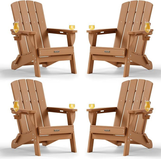 Folding Adirondack Chair Set of 4, HDPE Adirondack Chairs with 2 Cup Holder, Plastic All-Weather Fire Pit Chairs, Outdoor Lawn Chair for Patio Garden (Teak)