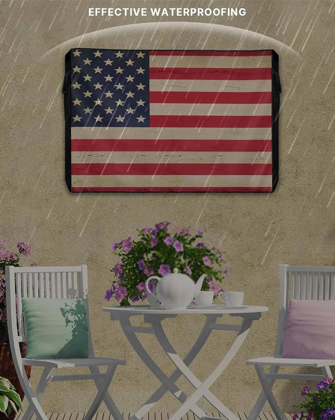 Vintage American Flag Outdoor TV Cover - 40-43 Inch, Weatherproof, Retro Blue Red, Farmhouse Waterproof TV Covers with Zipper & Roll Up Front Flap