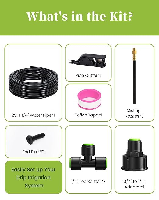 RAINPOINT 25FT Drip Irrigation System, Garden Watering Kit with 7pcs 360°Adjustable Copper Nozzles, Automatic Atomizing Watering Sprinkler System for Greenhouse, Lawn, Raised Beds, Outdoor Plants