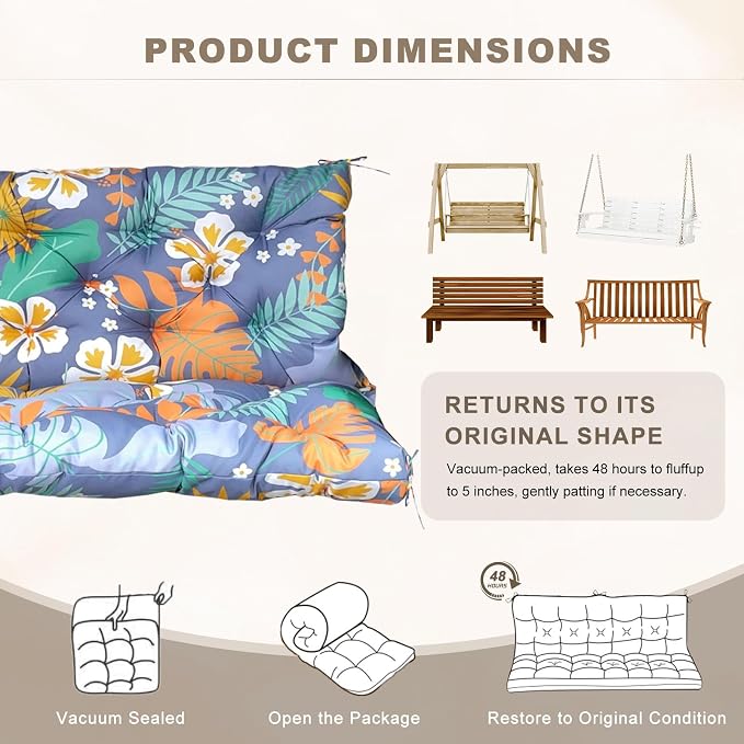 Porch Swing Cushion with Backrest,Waterproof Bench Cushion for Outdoor Furniture,2-3 Seater Replacement Thickened Swing Cushion with Ties,Patio,Outdoor,Backyard and Garden (Flower,60x40)