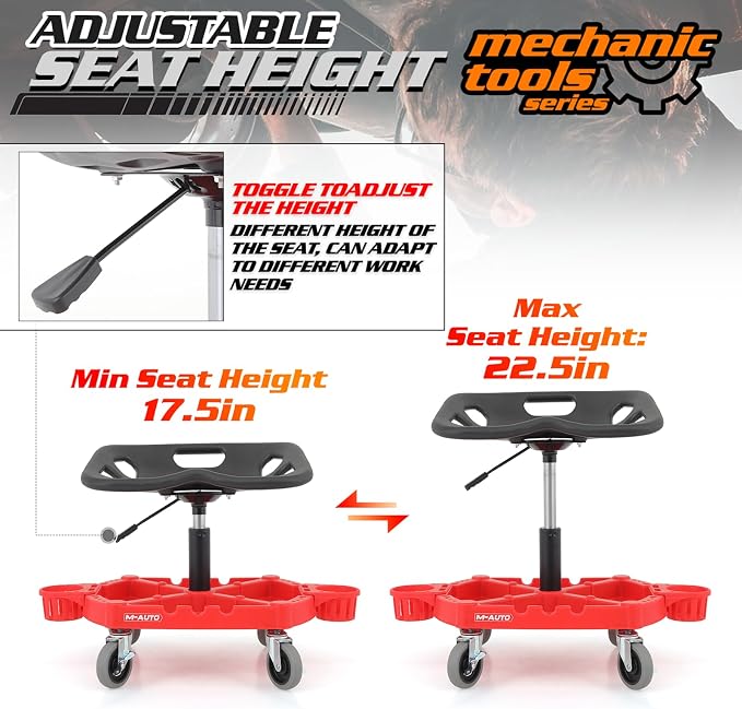 M-AUTO Padded Seat Shop Chairs for Garage with Wheels, 17.5”-22.5” Height Adjustable Swivel Mechanics Seat with Tool Organizer Tray for Garage and Garden, 300lbs Capacity