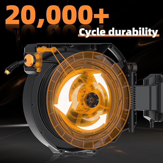Retractable Garden Hose Reel 1/2 in x65 ft, Heavy Duty Wall Mounted Hose Reel with 10- Function Sprayer Nozzle, Any Length Lock/Automatic Slow Return System,180° Swivel Bracket