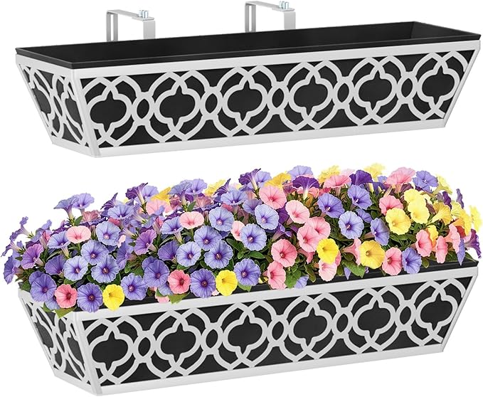 HFHOME 2 Pack 24 Inch Railing Planter Boxes with Adjustable Brackets & Non-Woven Fabric Liner Adjustable Gray Metal Window Box Planter for Balcony Deck Fence, Hanging Flower Basket for Outdoor Garden