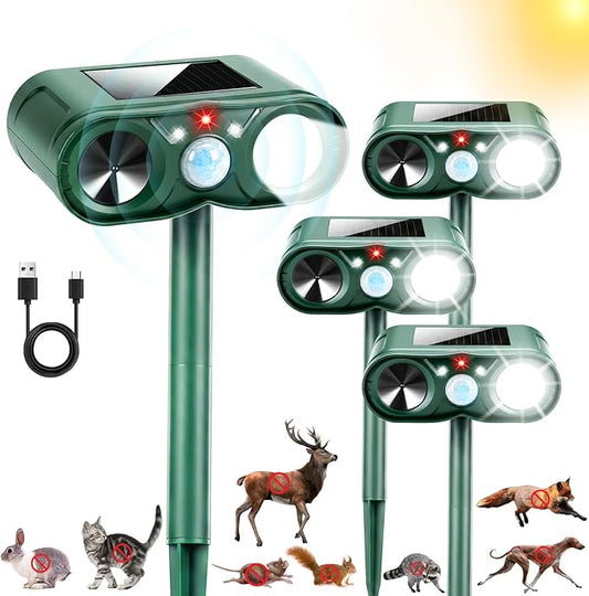 4 Pack Sonic Fortress Pro Deer Repellent -Solar Animal Repeller for Garden USB Cat Repeller Outdoor with Light to Scare Fox Skunk Rabbit Deterrent for Yard