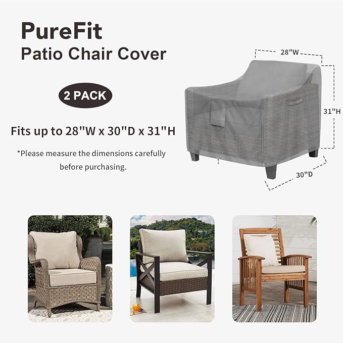 PureFit Outdoor Chair Covers Waterproof 2 Pack Patio Furniture Lawn Chair Covers for Outdoor Furniture with Air Vent and Padded Handles, Fits up to 28W x 30D x 31H Inches, Gray