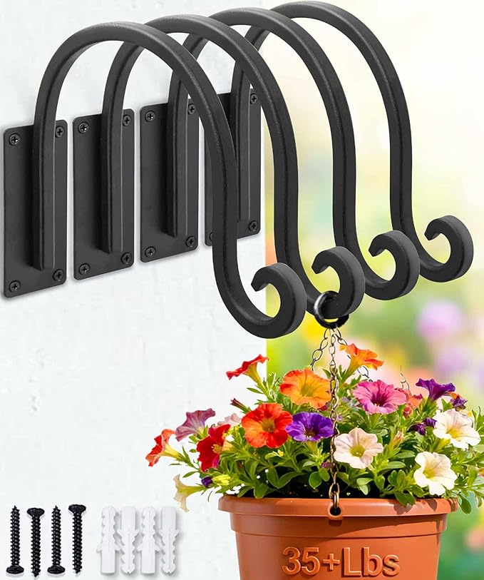 Lifyzoon Heavy Duty Plant Hanger Bracket (8"/Black) - 4 Packs, 35lbs Weight Capacity - Outdoor Hand-Forged Hanging Plant Bracket Durable and Stable Bird Feeder Hanger