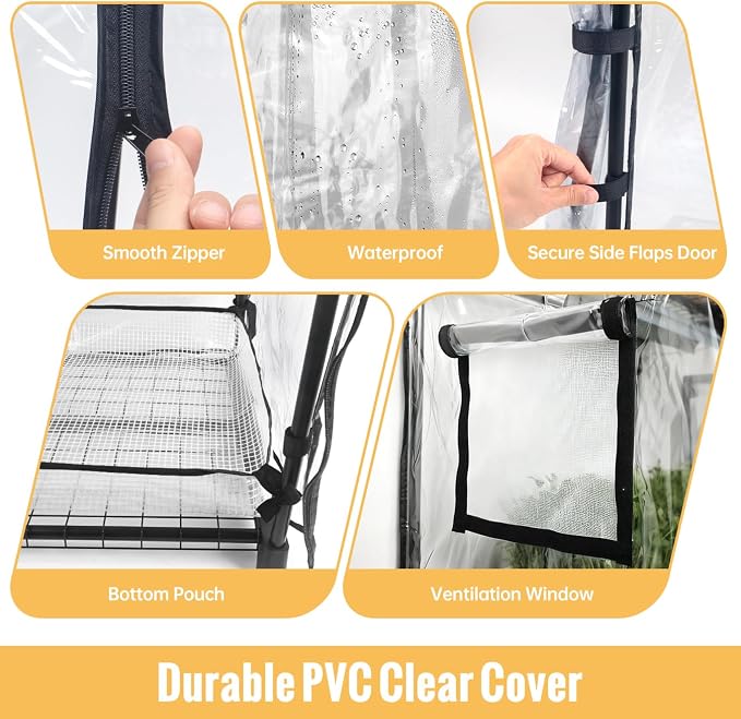 Indoor Greenhouse with Grow Light, 4-Tier Plant Stand with Zippered PVC Tent, Ventilation Window, Bottom Pouch, 20W Full Spectrum Plant Light with Timer for Seed Starting, 27"L x 19"W x 59"H