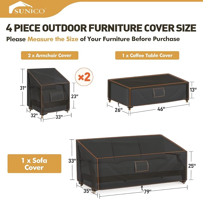 SUNICO Outdoor Patio Furniture Covers Set, 4 Piece Patio Covers for Outdoor Furniture Waterproof, 420D Patio Set Covers, UV Fade Protection, Tear-Resistant, Black