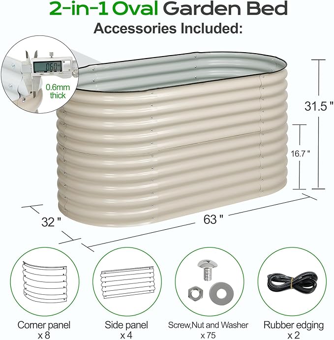 Aoodor 2-in-1 Modular Aluzinc Metal Raised Garden Bed, 63" L x 32" W x 32" H, Outdoor Planter Box for Vegetables, Flowers, and Herbs, Beige