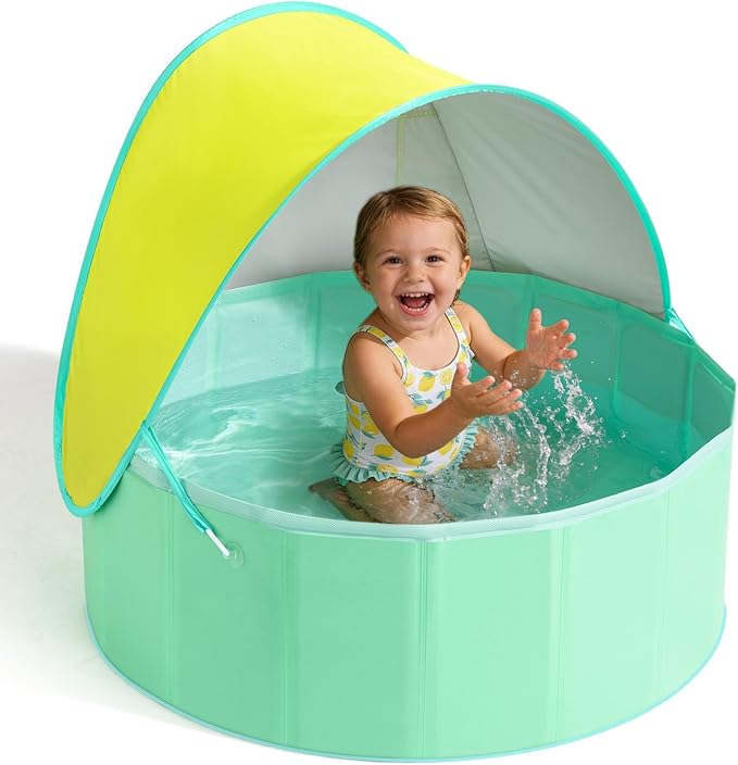 Hikiddy Foldable Kiddie Pool with Canopy: 31.5in/ 47in /63in for Baby Toddler Kids Family - Summer Water Play Pool with Shade - Portable for Outdoor Backyard Beach (Lemon & Mint, 31.5in)