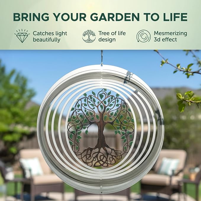 ISEO Tree of Life Wind Spinner for Yard and Garden, Hanging Outdoor Decor, Yard Art, Porch and Patio Decorations, Metal Wind Spinners Outdoor, Weather Resistant, 12”