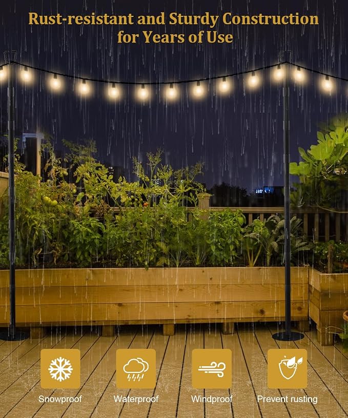 10FT String Light Poles for Outdoor Decor, Sturdy Light Pole with Hard Ground Base, Adjustable Metal Posts for Outside Patio, Backyard, Deck, Garden, Party, Wedding