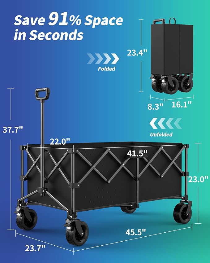 Kitsure Collapsible Wagon with Wheels, Foldable Dog Wagon Carts with 440lbs Load Capacity, Utility Shopping Cart, Black, 45.5" x 23.7" x 37.7"