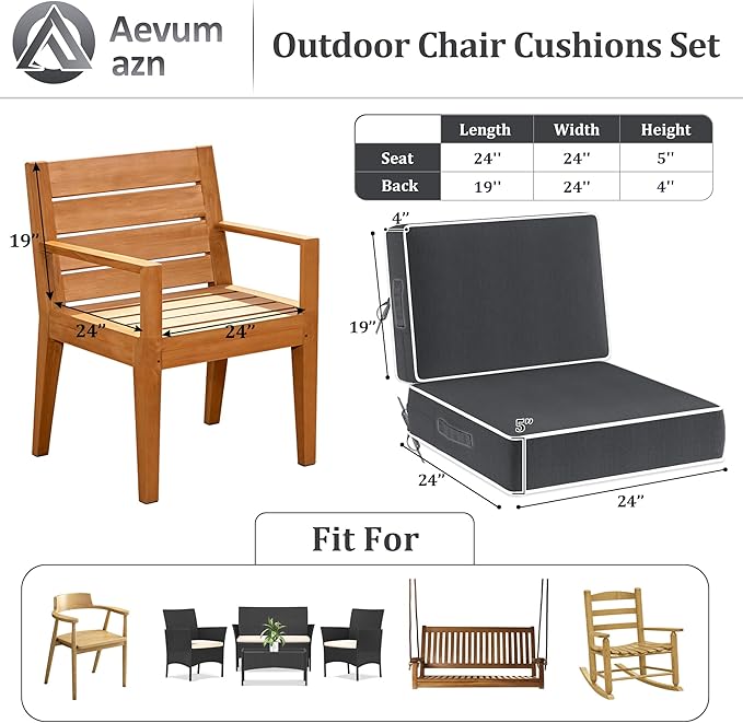 5" Thicker Outdoor Chair Cushions 2 Sets 24" *24" Waterproof Patio Chair Cushions for Outdoor Furniture w/Removable Cover 30D High Density Sponge Filling Thicken Patio Furniture Cushion w/Handle &Ties