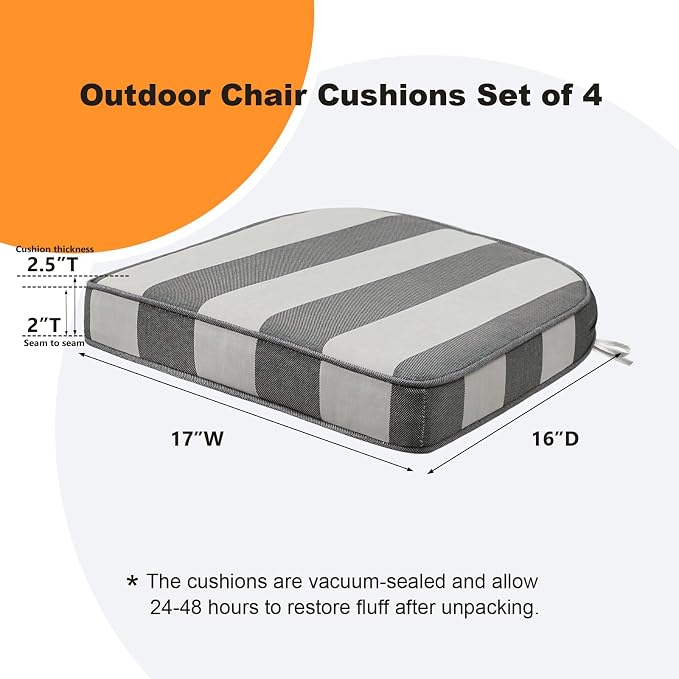Unimatta Round Corner Seat Cushions, 17" x 16" x 2", Set of 4, Indoor Outdoor Water Repellent Universal Chair Pads with Ties for Patio Furniture, Garden Deck Dining Chairs, Gray Stripe