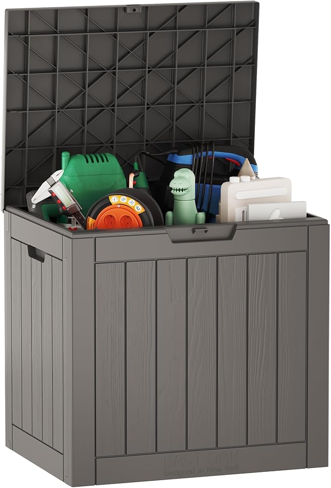 Suncast 130 Gallon Backyard Storage Shed Bundle with 31 Gallon East Oak Waterproof Deck Box for Outdoor Storage